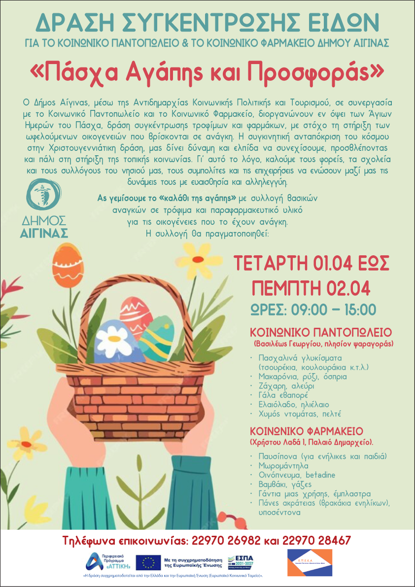 Δήμος Αίγινας συγκέντρωση τροφίμων Πάσχα